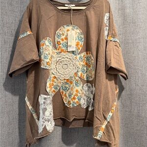 New Blue Velvet Floral Patchwork Movha Brown Blouse